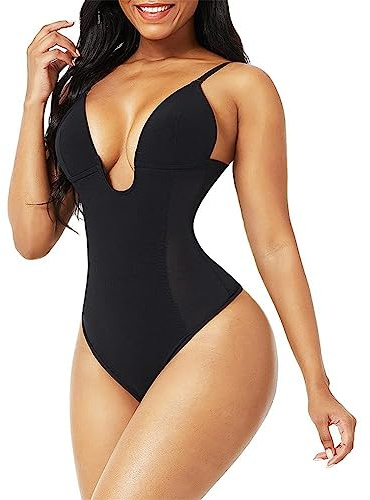 Women's Corset Deep V Neck Backless U-String Thong Shape Waist Bodysuit