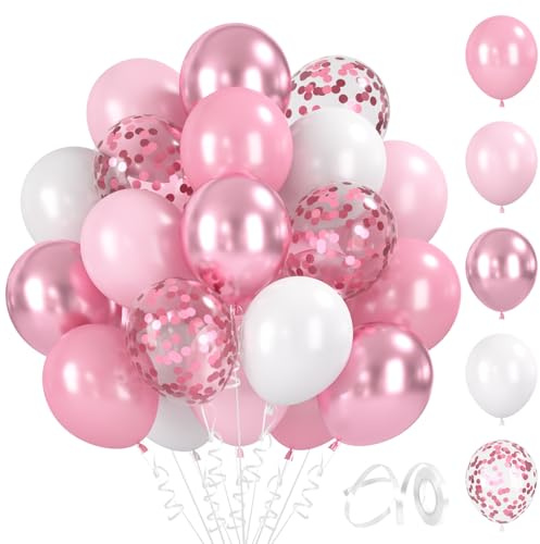 BlooMoo 60 Stück Luftballons Rosa, 12 Zoll Latex Luftballons Hellrosa und Weiß, Metallic Ballons und Konfetti Ballons Set, für Geburtstag Hochzeit Babyparty Party Dekoration