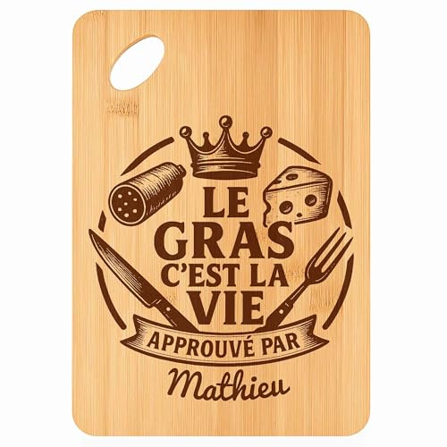 Planche à Découper Mathieu Gras c'Est la Vie - Plateau Apéro en Bambou Cadeau Gravé pour Homme Cuisine Barbecue