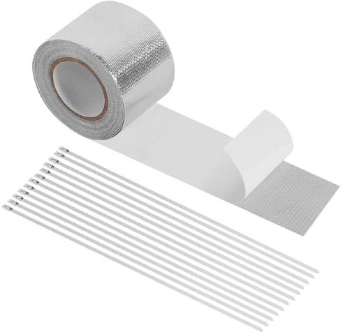 yotutun Hitzeschutzband Auspuff 10M x 5cm, Auspuff Dichtband mit 12 Edelstahl Kabelbinder Auspuffband Selbstklebend Auto Aluminium Folien Klebeband für Auto Motorrad Fächerkrümmer Krümmerband