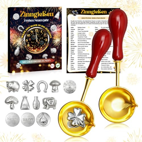 JJOKL Zinngießen Silvestergießen mit 12 Zinnfiguren 2 Löffel Orakelanleitung, Zinngießen Bleigießen Set und Wachsgießen Silvester Spiele, für Partyspiel Glücksbringer Silvester Deko Neujahrsgeschenke
