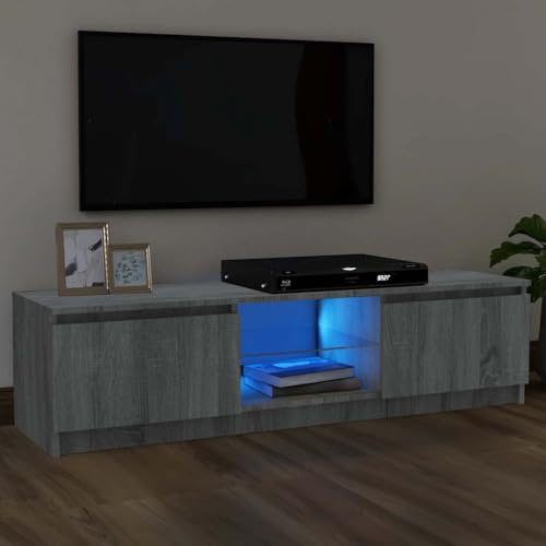 Meuble TV en Bois Composite et Verre Trempé, Avec Éclairage LED RGB, Grand Rangement, Meuble d'Appoint, Meuble Tele Gris, Armoire de Rangement, Adapté au Salon et à l’Entrée, Gris Sonoma, 120x30x36 cm