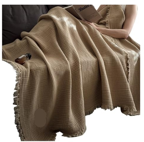 UALXPAO Grobe Strickdecke Grobstrick-Kuscheldecke mit Quasten-Dekor, aus sechslagigem Baumwoll-Gaze, einfarbig, atmungsaktiv, ideal for Entspannen(Khaki,100x150cm)
