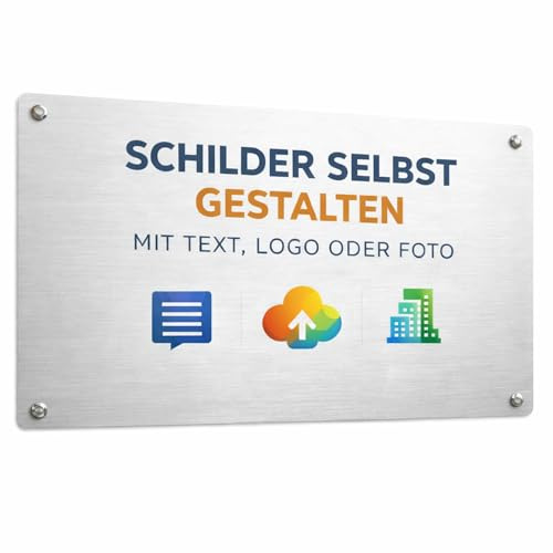NOMIRO - Schilder selbst gestalten - personalisiertes Aluverbundschild Edelstahloptik mit Logo Text oder Bild - wetterfest UV beständig - Firmenschild Praxisschild Türschild Außen Innen