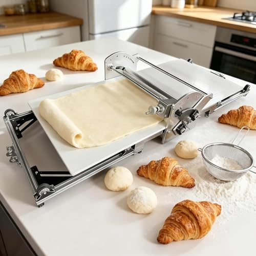 Sfogliatrice Elettrica Professionale per Pasticceria E Croissant, Stendipasta Da Tavolo Pieghevole in Acciaio Inox, Spessore Regolabile 2-30 Mm, Laminatrice per Pasta Sfoglia, Pizza E Pane