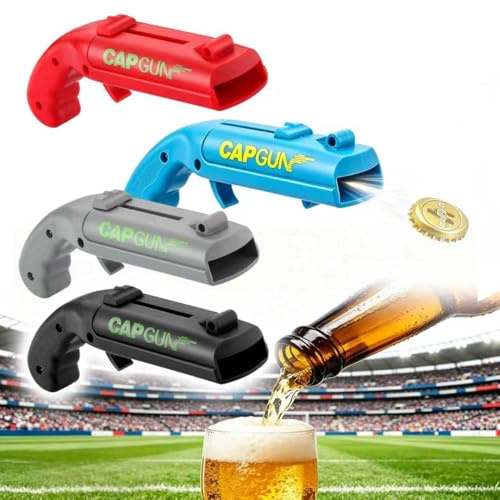 Flaschenöffner Pistole 4 Stück, Lustige Schuss Flaschenöffner mit Kronkorken-Spiel, Biergeschenk für Männer, Papa, Ehemann zum Vatertag & Geburtstag (Rot, Grau, Blau, Schwarz)