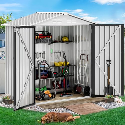 YITAHOME Metall Geräteschuppen Gerätehaus Gartenhaus Gartenhütte,Weiß | 171x87x184cm|6x4 klein|Rasenmäher Gartenschuppen|Satteldach|Abschließbar|4 Lüftungsöffnungen|Gartenhaus mit Tür|Wetterfest