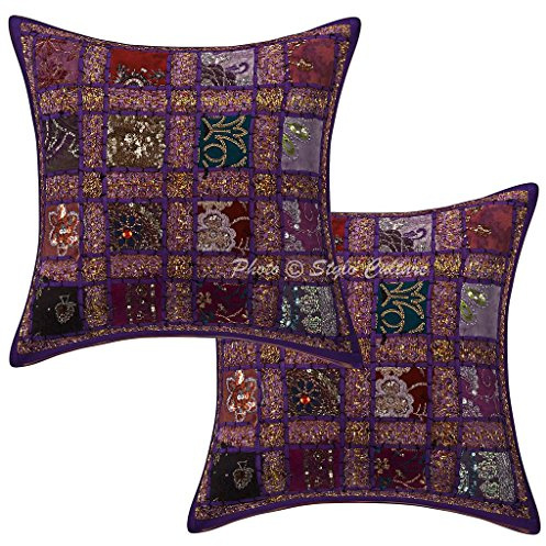 Stylo Culture Boho Fundas De Almohadones Decorativa 40x40 cm Algodón Geométrico Forros para Cojines Dormitorio Morado 16x16 Inch Labor De Retazos Cuadrado sobre Fundas para Cojines De Sofas - 2 Pcs