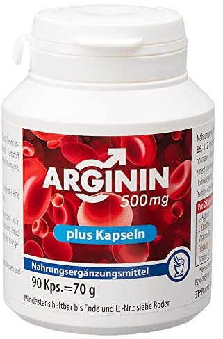 ARGININ 500 mg Plus Kapseln, Arginin 500 plus - Vitamin B6 und B12 für einen normalen Homocysteinspiegel, 90 Kapseln