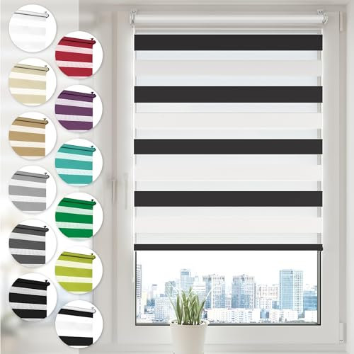 Doppelrollo Klemmfix ohne Bohren 90cm x 210cm Schwarz/Weiß Duo Rollo Klemmrollo Sonnenschutzrollo Fensterrollo für Fenster & Türen Zebrarollo Seitenzugrollo
