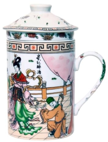 Ceramic Tea Cup with Lid + Strainer for Loose Tea with Chinese Motif, Gift Set (Present) Porcelain Mug for Tea Lovers in Gift Box Gift Idea Asia China Asia Mug Oaterl
