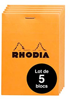 RHODIA 12200Amzc - Lot de 5 Bloc-Notes Agrafés N°12 Orange - 8,5 x 12 cm - Petits Carreaux - 80 Feuilles Détachables - Papier Clairefontaine Blanc 80 g/m - Couverture Souple et Résistante