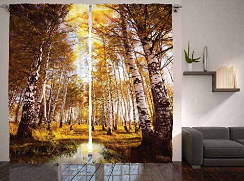 ABAKUHAUS Wald Rustikaler Vorhang, Herbst-Birken-Fluss, Wohnzimmer Universalband Gardinen mit Schlaufen und Haken, 280 x 225 cm, Braun Weiß