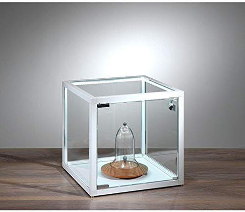 MHN Vitrinenwürfel T 42,8 x B 42,8 x H 42,8 cm - kleine Glasvitrine Würfel abschließbar - beleuchtete Aufsatzvitrine - quadratische Vitrine Glas - weißer Schaukasten LED-Beleuchtung