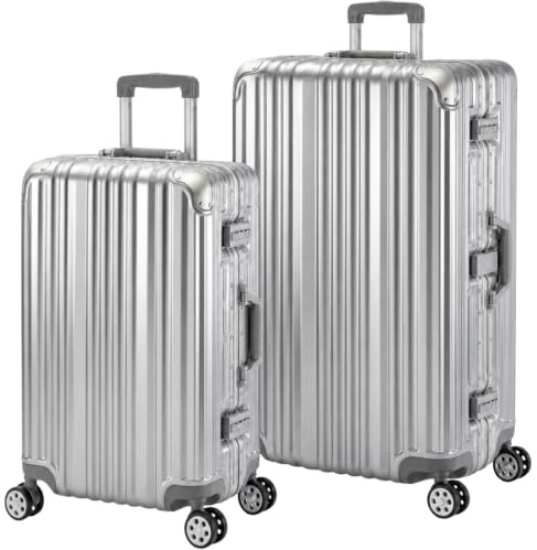 Travelhouse® London Aluminium-Rahmen Koffer-Set Silber | Polycarbonat-Hartschale, Ohne Reißverschluss, TSA-Schloss, 4x 360° Doppel-Rollen, M+L
