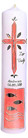 Taufkerze, Kommunionkerze für Mädchen; Kerze zur Taufe, 300/60 mm Rosa, Perlmutt, Silber, Fisch, Kreuz.Handarbeit, Wachsdekor