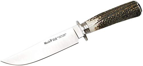 Muela Cuchillo de caza ELK-14A.I con hoja de acero inoxidable ACX-380 y empuñadura de asta de ciervo para Caza, Pesca, Supervivencia y Bushcraft + Portabotellas de regalo