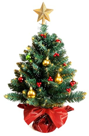 24 Inch Tabletop Christmas Tree, Artificial Mini Xmas Pine Tree with LED String Lights and Ornaments,Christmas Decoration Tree Decor-Red