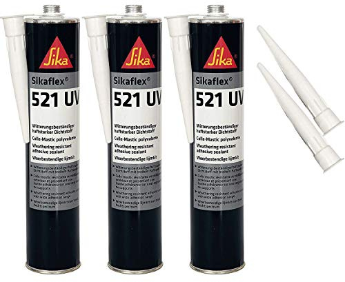 Sikaflex-521 UV witterungsbeständiger Haftstarker Dichtstoff, 300ml, Hellgrau, 3 Set mit 5 Düsenspitzen