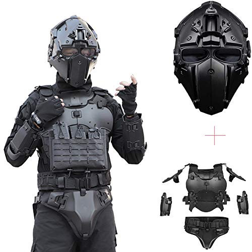 Hochwertiges Multifunktionales Taktisches Outdoor-Rüstungsset Mit Verstellbarer Taillendichtung Für Das Taktische Ellbogenpolster und MOLLE Weste CS Paintball-Schutz,Bk Vest and Helmet a