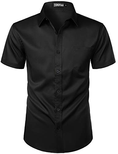 ZEROYAA Men's Casual Urban Stylish Slim Fit Short Sleeve Button Up Dress Shirt with Pocket ZLSC15 Black Large