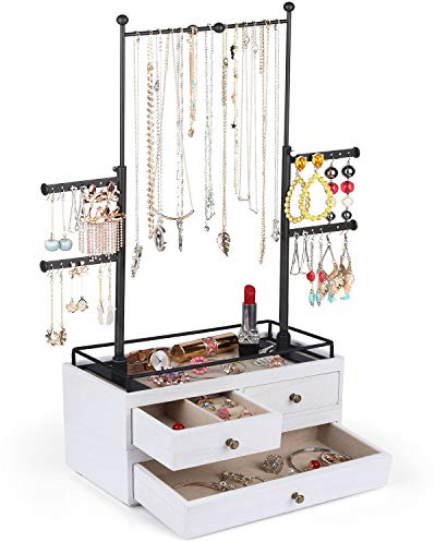 OLAKEE Jewelry Organizer - 2 Layer Wooden Jewelry Drawer Storage Box with 6 Tier Jewelry Tree Stand, Jewelry Display for Necklaces Bracelet Earring Ring (Rustic White)