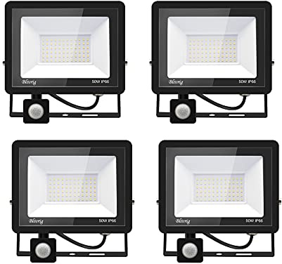 Blivrig 50W Projecteur LED Exterieur avec Détecteur de Mouvement 4 Pièces | Blanc Chaud 3000K, 5000LM, IP66 Étanche, 120° Éclairage, Spot LED Exterieur pour Jardin Terrasse Garage