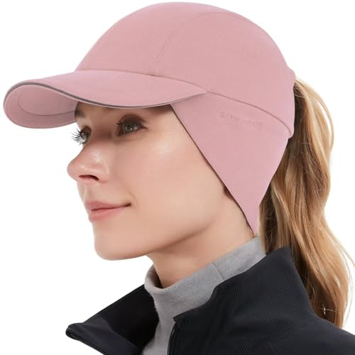 GADIEMKENSD Winter Fleece Hats Reflective Ponytail Hat for Women Baseball Caps with Earflap Drop Down Ear Warmer Mens Skull cap Beanie with Visor Cold Hats for Outdoor Hiking Running Snow Ski Pink