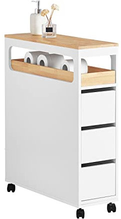 SoBuy Badezimmerschrank mit Rollen, Schmal Badschrank mit 3 Schubladen, Kompakte Kommode aus Holz, Nischenschrank für kleine Bäder, WC en Küche, Weiß, 65x23x82cm BZR54-W