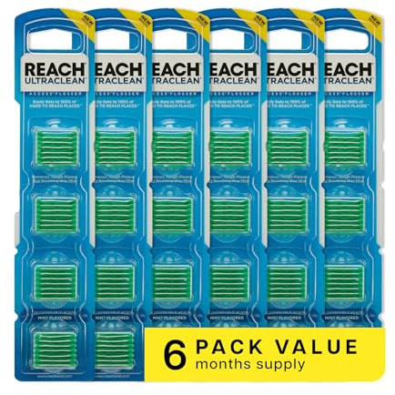 REACH Ultraclean Access Flosser Refill Heads, Mint, Plaque Remover for Teeth, Shred Resistant, for Hard to Reach Areas, Oral Care, PFAS Free, for Adults & Kids, 6 Pack, 28 Count