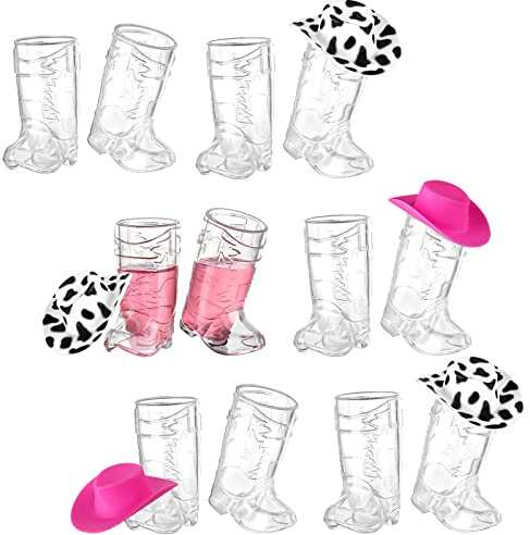 20 Pcs Plastic Mini Western Cowboy Cowgirl Hat and 10 Pcs Plastic Boot Shot Glasses Miniature Cute Doll Hat Cowboy Boot Cups (White, Cow Color)