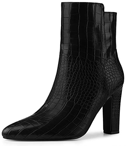 Allegra K Damen Stiefeletten mit spitzem Zehenbereich, Krokodil, klobig, hohe Absätze, Stiefeletten, schwarz, 43 EU