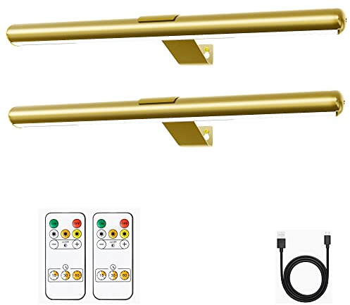 Battery Picture Lights 16 inch-2PACK , Wireless Rechargeable Painting Light for Art with Remote, Full Metal Led Picture Lights Dimmable Wall Light for Portraits, Dartboard, Gallery-Gold with Patent
