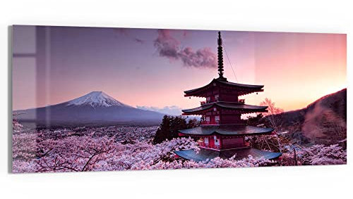 DEQORI Glasbild Echtglas | Motiv Kirschblüten Tempel Japan | horizontal einteilig 150x60 cm | schöne Dekoration | Wandbild für Wohnzimmer, Schlafzimmer, Flur & Küche | moderne Wanddeko