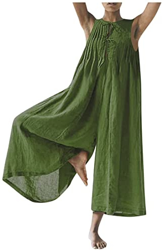 Jumpsuit Damen Lang Rundhals Ärmellos Baumwoll Leinen Jumpsuit Weite Bein Latzhose Mit Taschen Lose Sommer Overall Elegant Atmungsaktiv Leinenhose Latzhose Damen Oversize Jumpsuit Große Größen