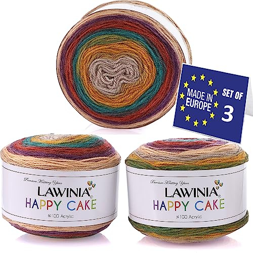 LAWINIA Happy Cake Premium Regnbågsgarn DK, Paket med 3 vardera 150 g – 530 m tårta DK stickgarn, tonad regnbågsull för stickning, flerfärgad ull