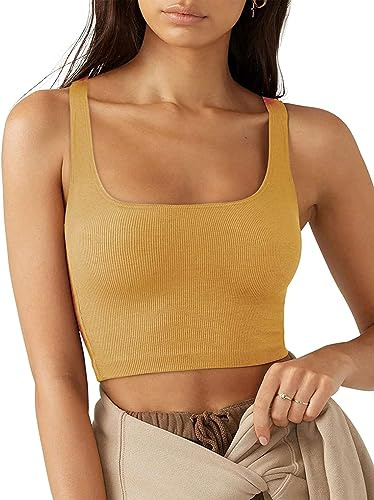 Rongseng damer crop toppar sexig ärmlös fyrkantig hals linne sport toppar kort passform ribbad korsett topp basic skjorta camisole, GUL, L