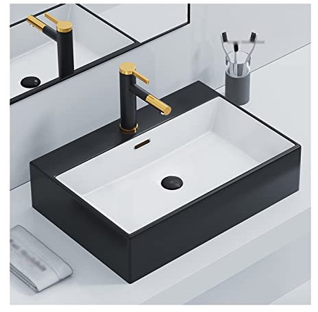 Waschbecken 23,6 x 16,5 rechteckiges Keramik-Aufsatzwaschbecken mit Aufsatzwaschbecken und Wasserhahn Aufsatzwaschbecken (Color : Schwarz)