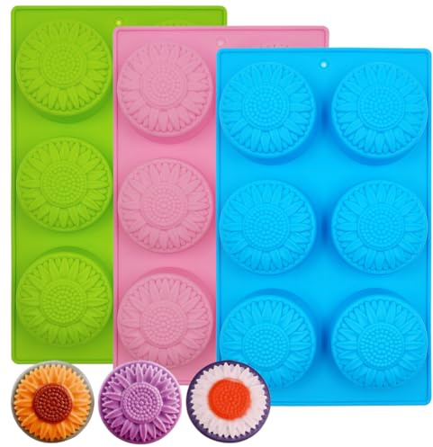 3 Pack Silicone Sunflower Soap Moulds,YuCool 6 Flower Shape Silicone Moulds for Homemade Cake Chocolate Cupcake Soap Molds-Pink Blue Green