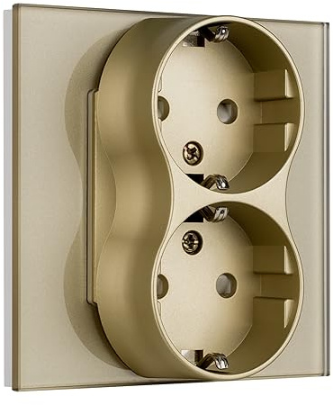 BSEED Schuko Steckdose 2 Fach auf einem Sockel, unterputz Steckdose Glas, Doppelsteckdose Unterputz passt in einem Unterputzdose, Doppel Wandsteckdose 16Amp EU Steckdose Gold - 86mm