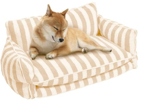 Sport Tent Haustiersofa Hund Waschbar Hundesofa Hundebett Flauschiger Schlafplatz Hundekissen Hundecouch L-80x50x33cm, Beige-Streifen