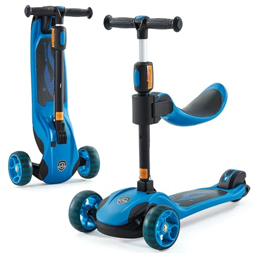 GLAMUP Kids Scooter, 2-in-1 Folding Kick Scooters, Adjustable Height, Safety Lock, 3 Wheel Kick Scooter for Boys and Girls Ages 3-14（1A-Blue）
