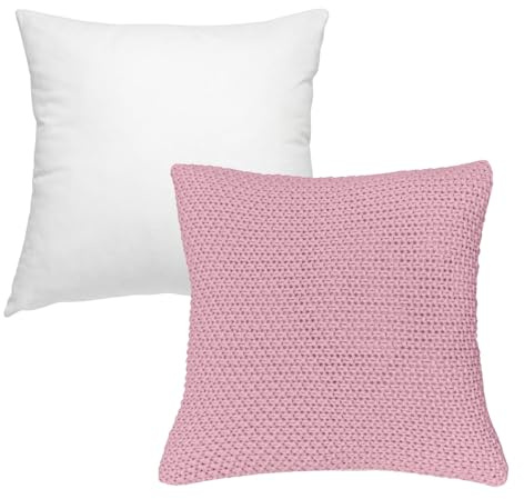 wometo Strick Kissenbezug 45x45 inkl. Federkissen Oeko-TEX rosa, hell pink | Dekokissen-Set - Sofakissen mit Reißverschluss und Füllung, Kissenhülle mit Strickmuster inkl. Innenkissen