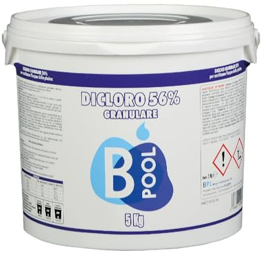 B POOL Dicloro 56% Diidrato Granulare. Cloro per Piscina Granulare ideale per sanitizzare l'acqua della tua piscina. Prodotto a scioglimento rapido con impatto minimo sul pH. Formato da 5 Kg