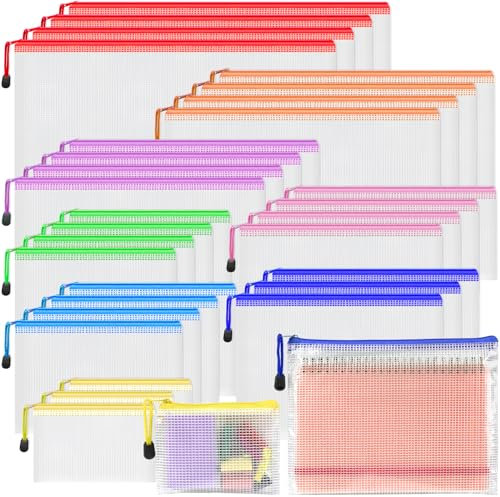 Smarpau 32PCS Plastic Zip Wallets, 8 Sizes Mesh Zipper Bags Plastic Folders, Waterproof Zip Lock Storage Bags Document Wallet for School, Office Supply, Home and Travel (8 Colors)