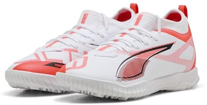PUMA Ultra 5 Match TT + MID JR, Unisex Fussballschuh, PUMA White-PUMA Black-Glowing RED,