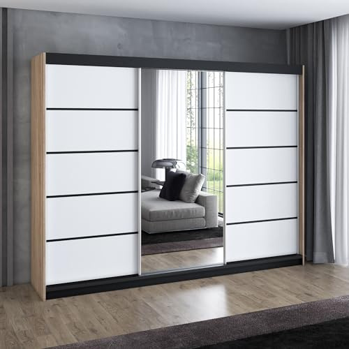 A&J MöbelLand Schwebetürenschrank VILUNO 4 Kleiderschrank 3-türig 200 cm mit Spiegel, 4 Schubladen & 2 Kleiderstangen, Geräumiger Schlafzimmerschrank (Sonoma/weiß)