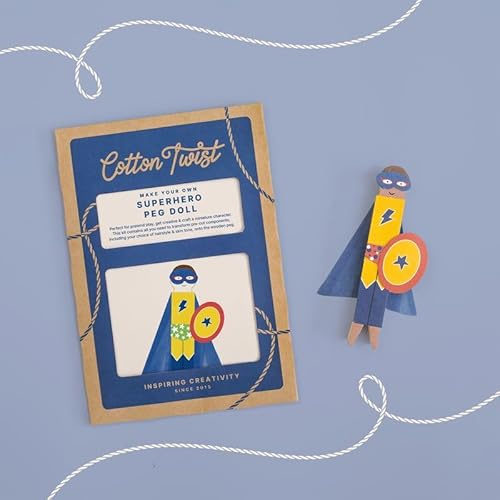 COTTON TWIST DIY Superhero Peg Doll Craft Kit Activity Box, Single Unit | Includes cardboard cutouts, glue dots, and a wooden peg for birthday party bags or rainy day imaginative play.