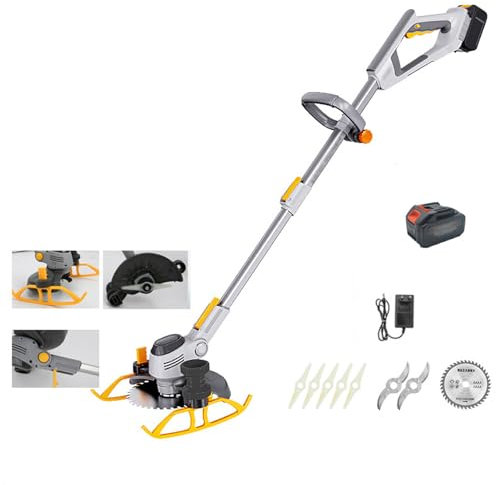 FfiMe Cortabordes inalámbrico, cortabordes eléctrico inalámbrico, cortacésped, desbrozadora eléctrica inalámbrica, 3 en 1, cortabordes de jardín con batería, para Limpieza de Malas Hierbas Silver