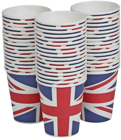 URBNLIVING Union Jack Disposable Paper Cups for Sports Drinks Perfect Tableware for Parties & Events Patriotic Design, Great for Any Gathering with British Theme (Pack of 50)